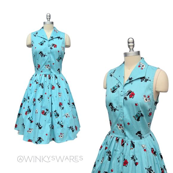 Voodoo Vixen Dresses & Skirts - VooDoo Vixen Kitchen Kitten Betty Dress Size L 8 New Blue Fit Flare Cats Retro